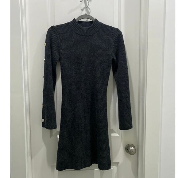 Sandro Paris Embellished Ribbed Wool & Cashmere Long Sleeve Gray Mini Dress US 2 - Picture 3 of 11